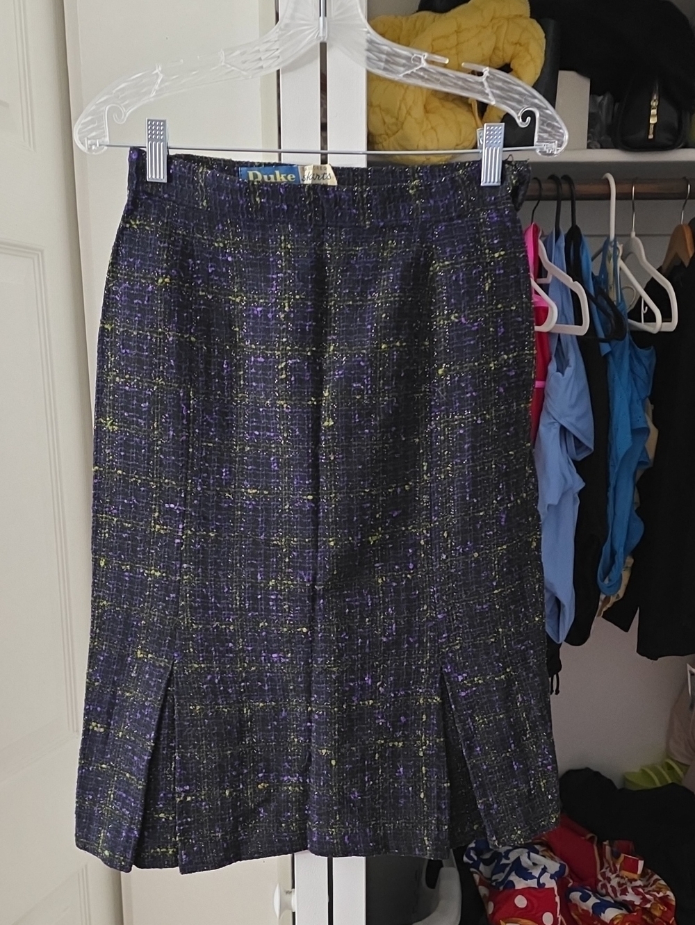 Black Tweed Pencil Skirt with Purple & Yellow Flecks